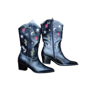 NWT No Boundaries Black Western Mid-Calf Boots with Red & Green Accents